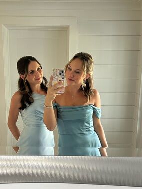 HEMMED Light Blue Off-Shoulder Satin Dress